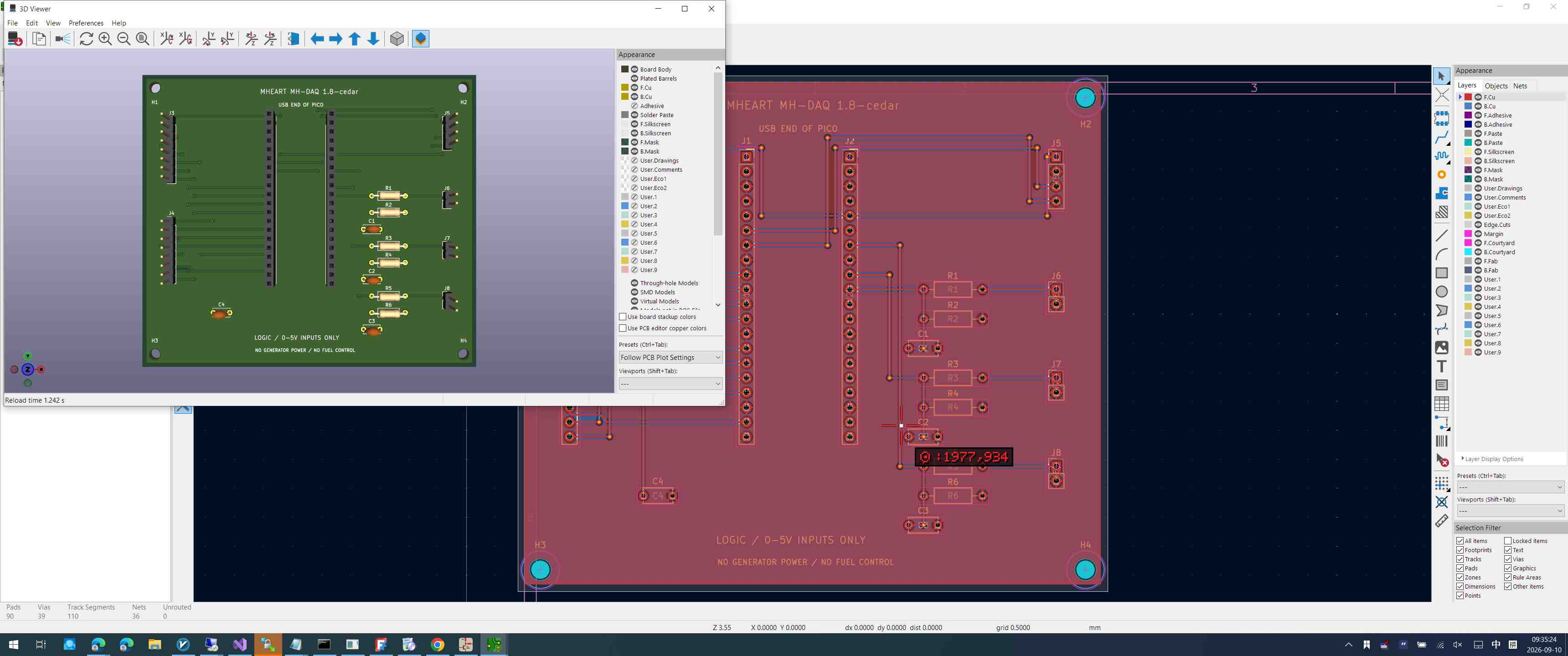 Actual KiCad PCB and 3D view on VH155